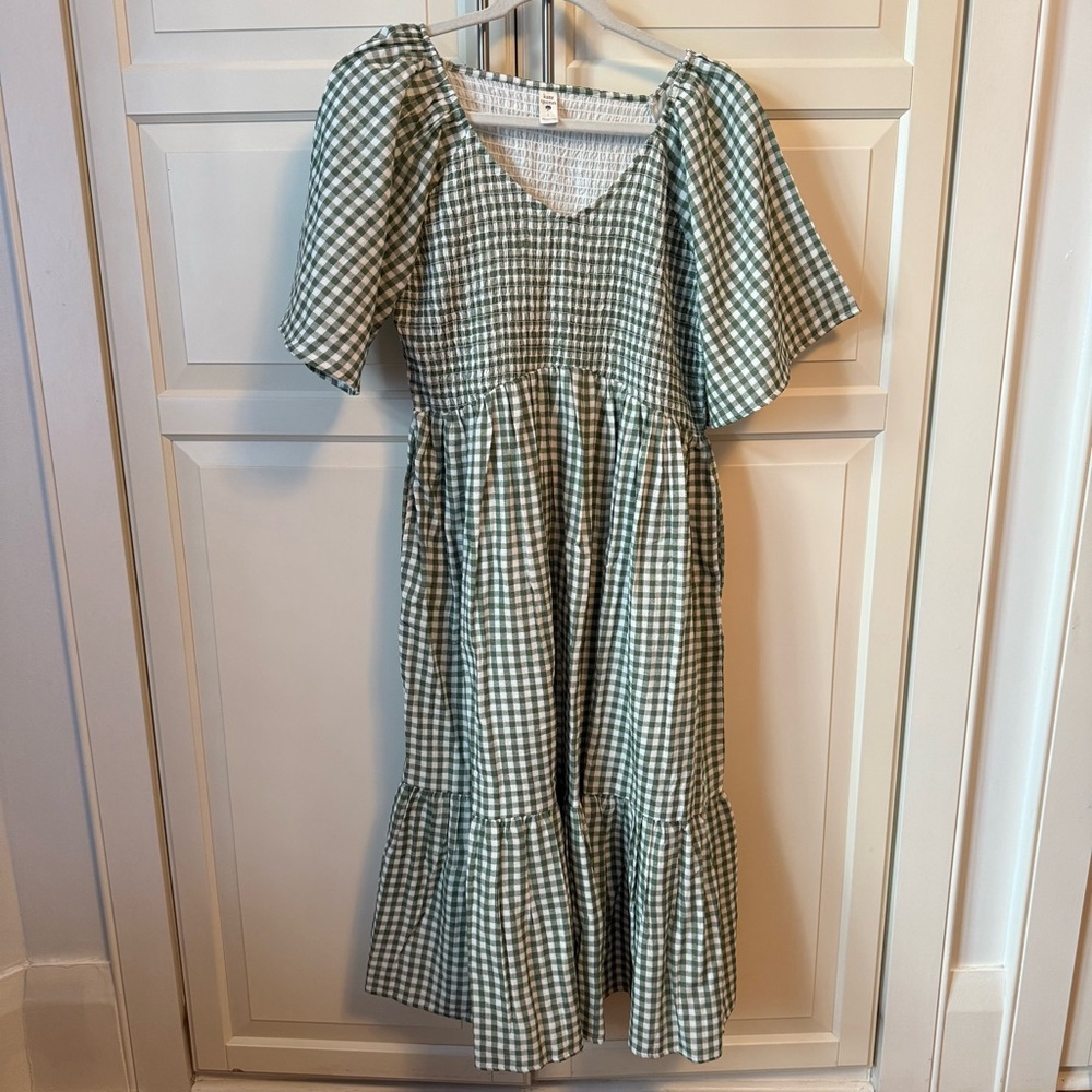 NOWT Kate Quinn organic cotton green gingham rosette smocked dress